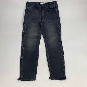 KanCan Faded Black Distressed Side Studs Raw Hem Jeans Sz 11/29 Stretch